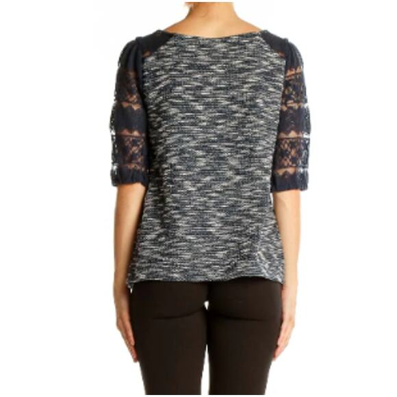New ANTHROPOLOGIE Women's Navy Postmark Patel Tweed Lace Sleeve Top Size L - Picture 2 of 9
